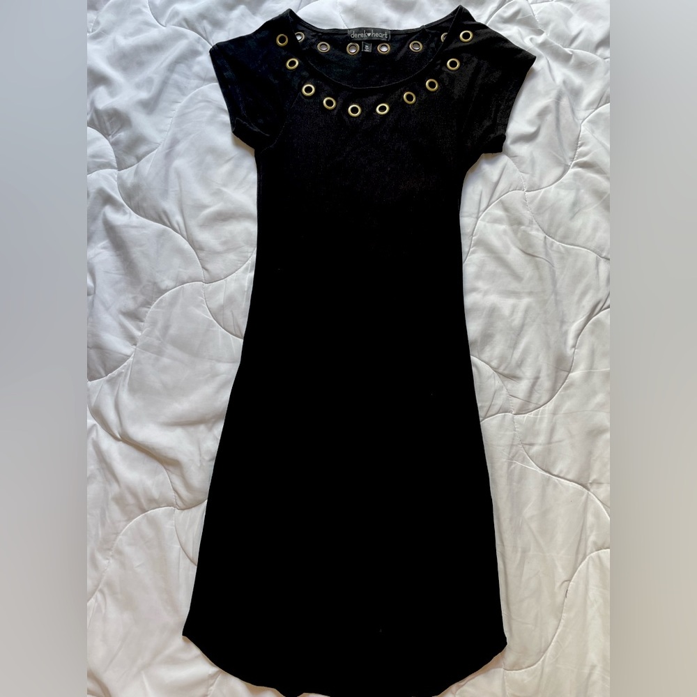 Black Ribbed Dress with Brass Ringed Neckline